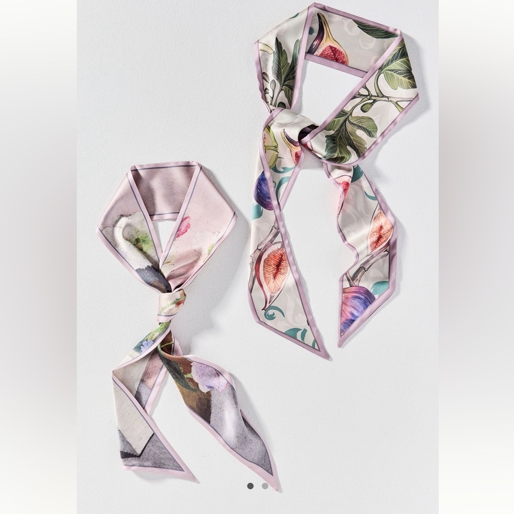 🌺Anthropologie Silky Skinny Hair Scarves NEW Pink Fig Floral Set of 2 - Picture 2 of 9